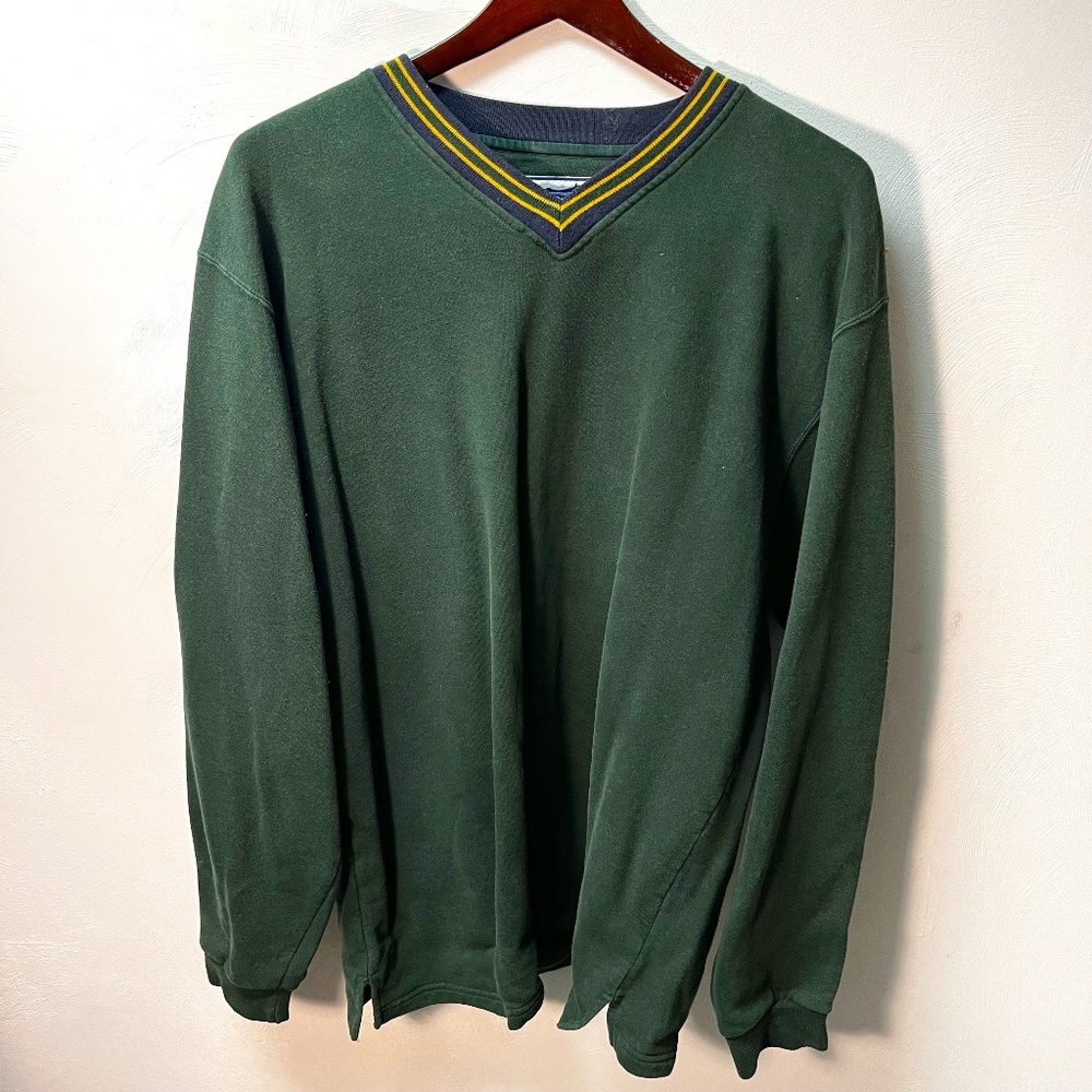 LL Bean Sweatshirt, Green with yellow/navy collar - L.